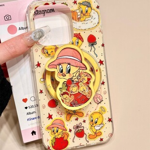 卡通满屏草莓崔弟摇摇乐磁吸支架适用苹果16promax手机壳iphone15新款14pro女款13pm全包保护壳