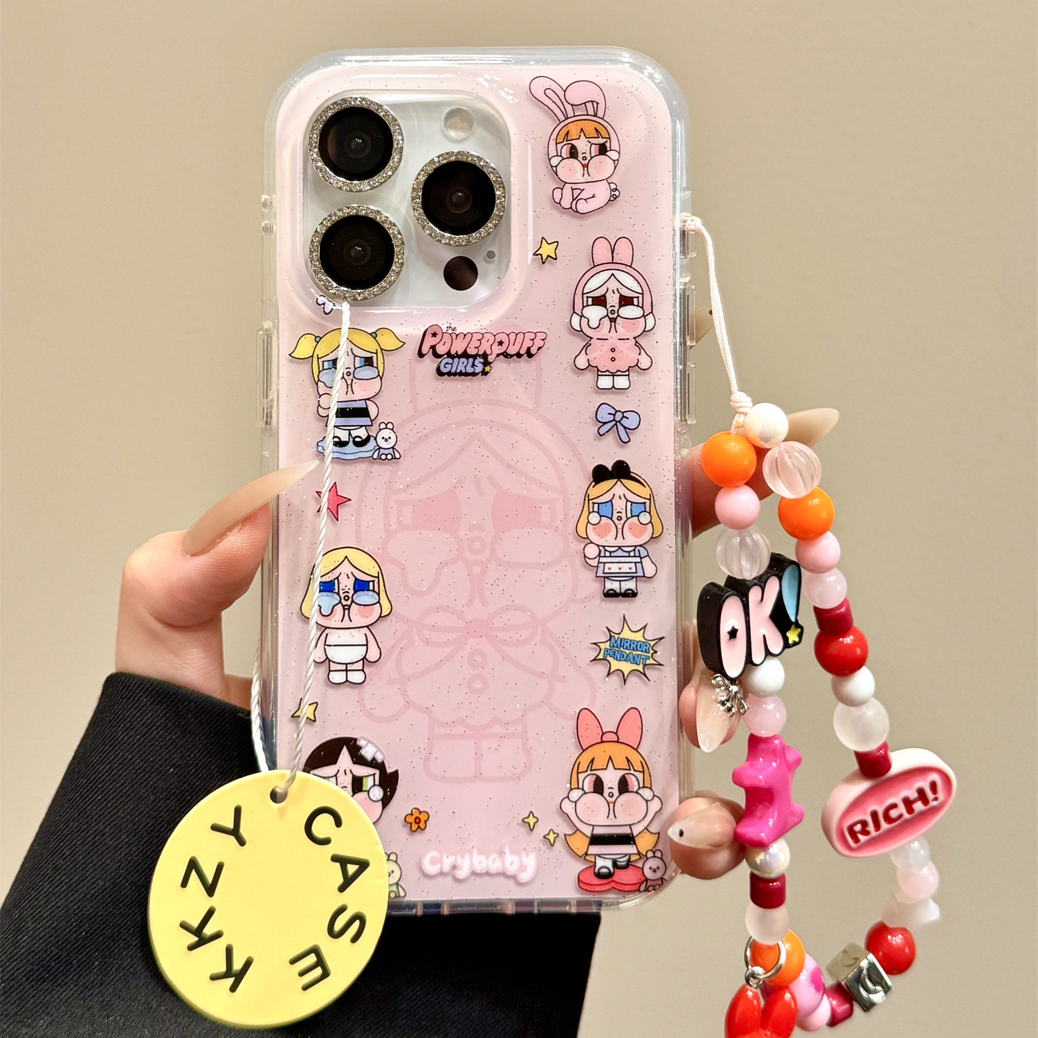 卡通可爱粉底围边哭泣女孩链条适用苹果16promax手机壳iphone15新款14pro女款13pm全包保护壳