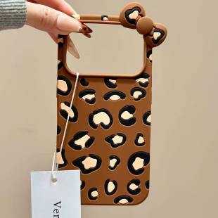 甜酷风棕底豹纹立体蝴蝶结适用苹果17promax手机壳iphone16新款 14pm全包保护壳 15pro女款