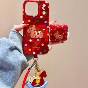 新年红彩色波点奔跑小马手拎绳适用苹果17promax手机壳iphone16新款15pro女款14pm全包保护壳