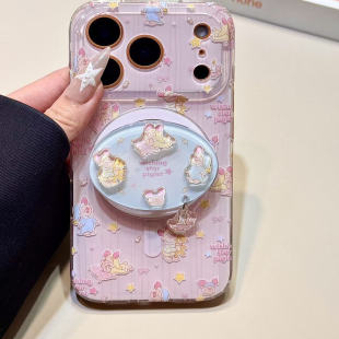 可爱粉条纹睡衣皮杰猪磁吸支架适用苹果17promax手机壳iphone16新款15pro女款14pm全包保护壳