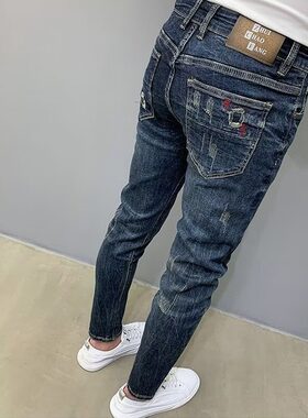 春季新款蓝色牛仔裤男潮牌个性抓痕韩版修身小脚裤个性弹力裤子