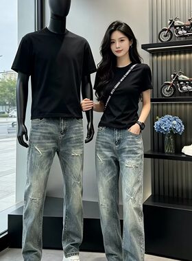 夏季美式复古破洞牛仔裤男2026新款时尚痞帅弹力修身直筒百搭裤子