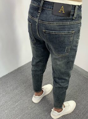 牛仔裤男冬季新款潮牌高端休闲长裤蓝灰色中腰微宽松哈伦小脚裤子