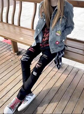 秋季新款高街美式豹纹拼接破洞补丁牛仔裤男女网红同款修身小脚裤
