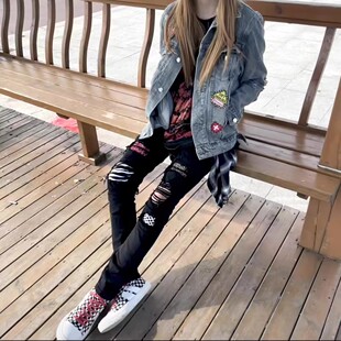 秋季新款高街美式豹纹拼接破洞补丁牛仔裤男女网红同款修身小脚裤