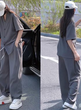 春夏新款男士休闲运动套装高级感V领短袖垂感直筒休闲裤男女同款