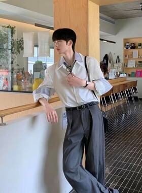 白色拼接条纹假两件衬衫男款春季高级感痞帅长袖衬衣cleanfit外套