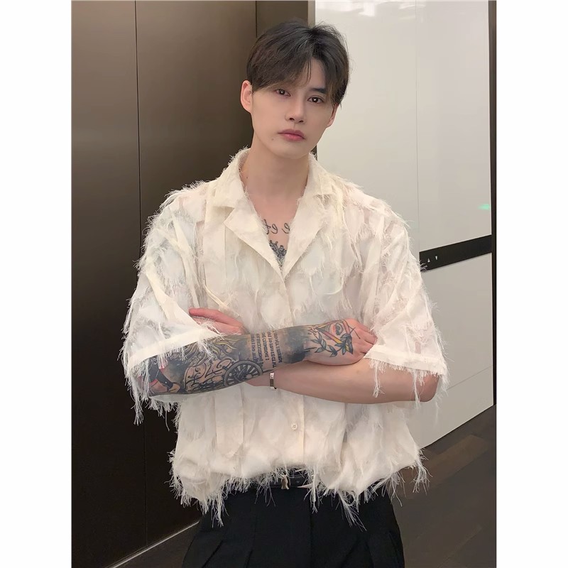 流苏毛边设计感衬衫短袖男宽松夏季垂感衬衣痞帅潮流帅气百搭上衣