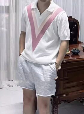 男士休闲夏季撞色针织POLO衫时尚透气薄款短袖翻领拼色套头打底衫