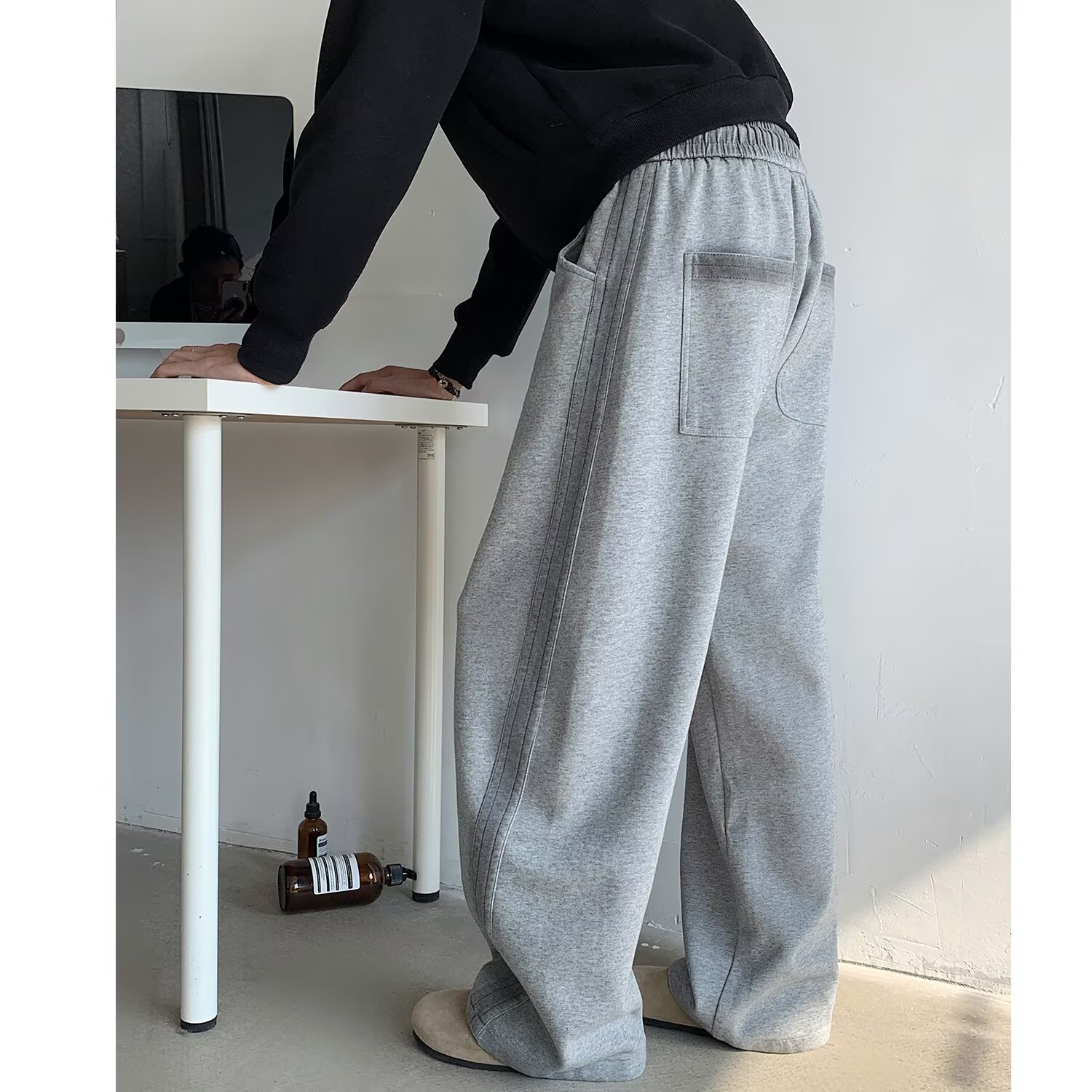 侧边织带弯刀卫裤男士美式重磅百搭宽松阔腿裤子潮牌大码休闲长裤