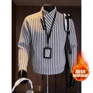 鱼骨纹立领长袖T恤男冬季加绒加厚拉链卫衣青少年美式内搭打底衫