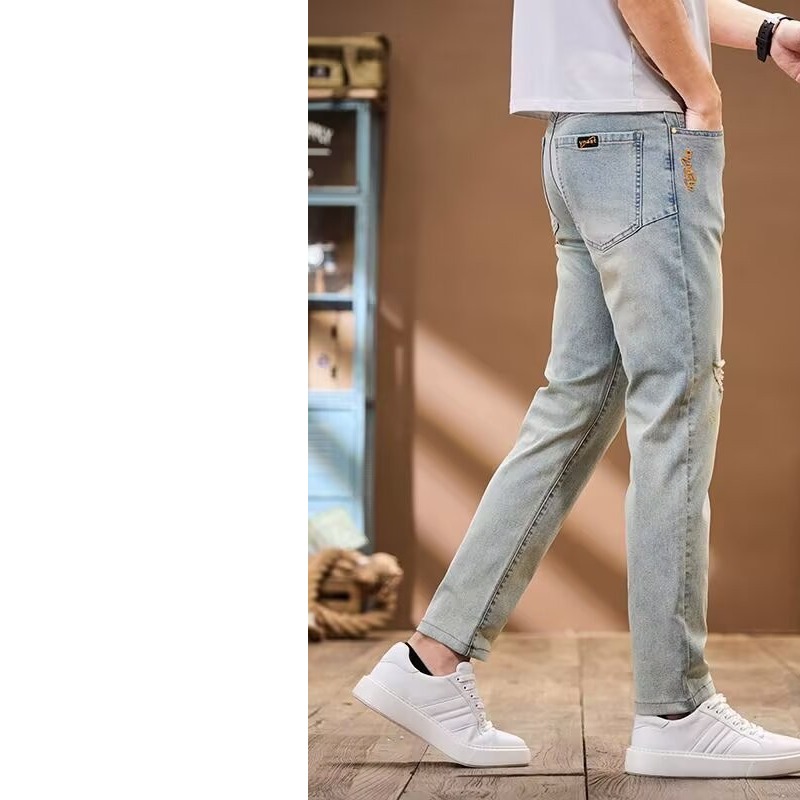 秋季新款高端印花男士牛仔裤潮牌时尚弹力百搭休闲裤修身小脚长裤