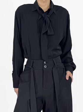 高级感白色衬衫男女宽松休闲飘带长袖上衣设计感小众垂坠感衬衣潮
