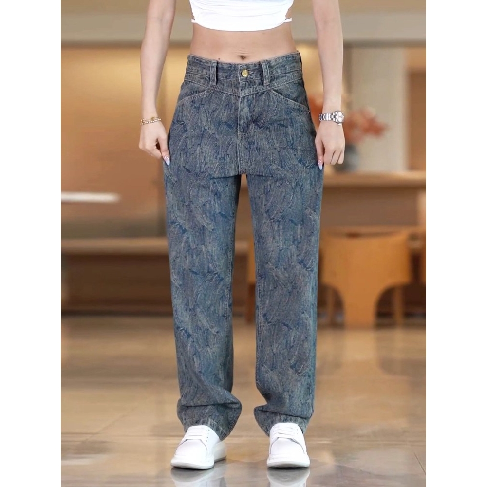 个性满印提花牛仔裤男款潮牌时尚百搭休闲裤子水洗高街痞帅直筒裤