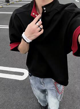 黑色美式解构拼接polo衫短袖男夏季重磅半拉链t恤设计感痞帅半袖
