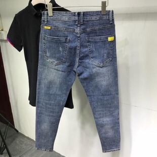 男士牛仔裤修身小脚秋冬新款休闲弹力潮流时尚精神小伙蓝色九分裤