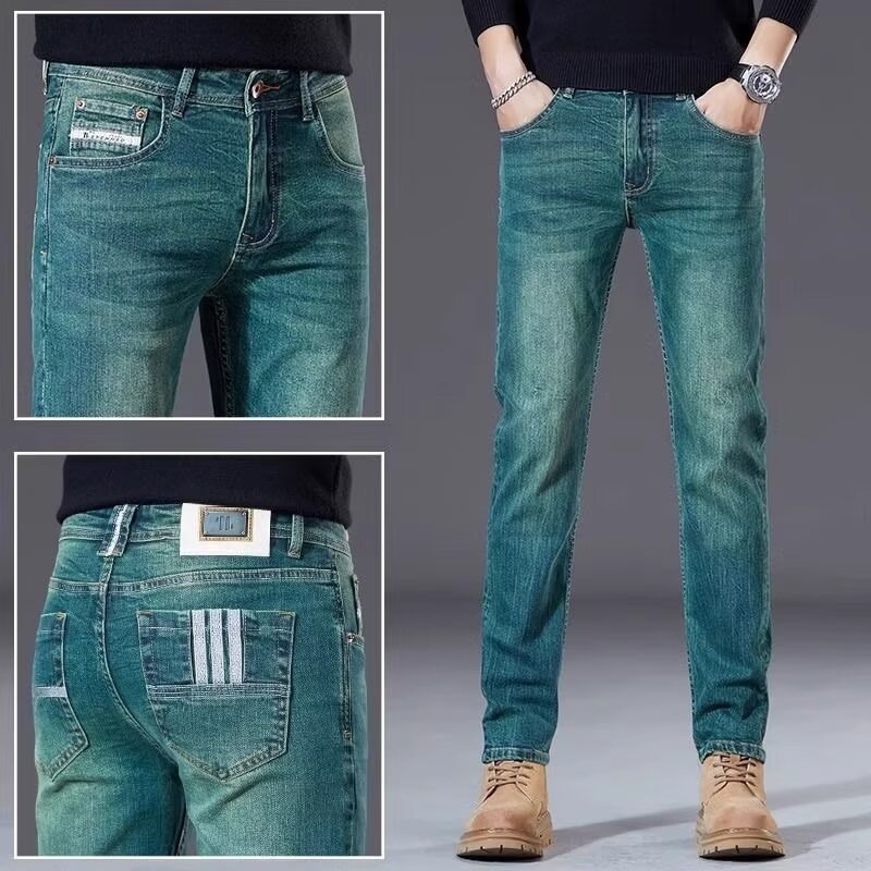 高端轻奢潮牌翡翠绿牛仔裤男2025新款时尚弹力修身直筒百搭长裤子