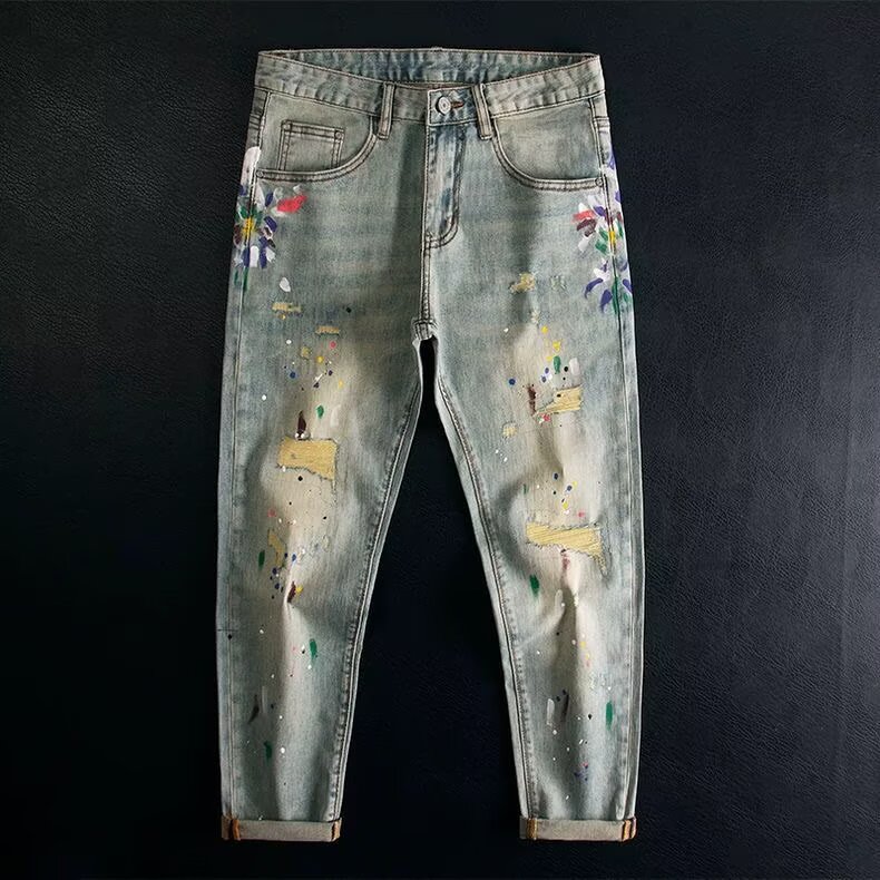 高端破洞补丁泼墨九分裤男士牛仔裤修身小脚弹力复古印花薄款潮流