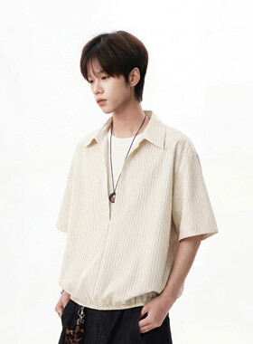条纹套头短袖衬衫男女款夏季潮牌ins宽松上衣美式半开衫衬衣外套