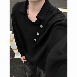 灰色重磅西装领卫衣男秋季美式高街小众设计长袖T恤内搭打底上衣