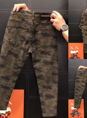 秋冬季新品男士欧货迷彩修身牛仔裤轻奢简约百搭时尚高级感休闲裤