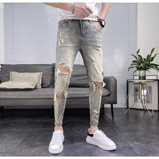 膝盖刮烂破洞牛仔裤男潮牌夏季薄款复古做旧个性乞丐裤修身小脚裤