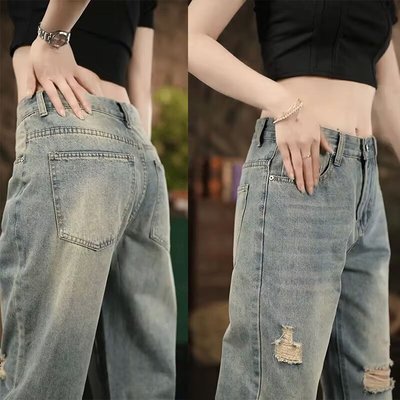 九分牛仔裤男夏季薄款宽松直筒潮牌复古刮烂破洞休闲裤子2025新款