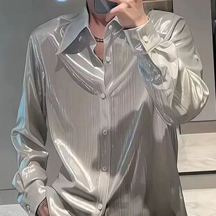 时尚简约免烫潮牌液态亮面长袖衬衫男女款宽松休闲高级感翻领衬衣