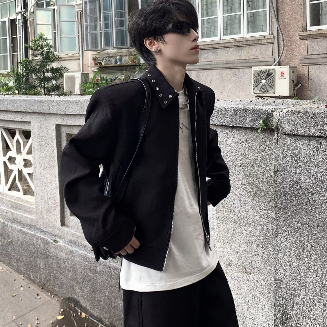 美式vibe金属铆钉垫肩短款外套男秋季高级感痞帅cleanfit翻领夹克