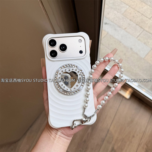 适用苹果17Promax手机壳iPhone16Promax保护套新款白色波漾液态硅胶镜子磁吸支架轻奢高颜值气质手提链女款