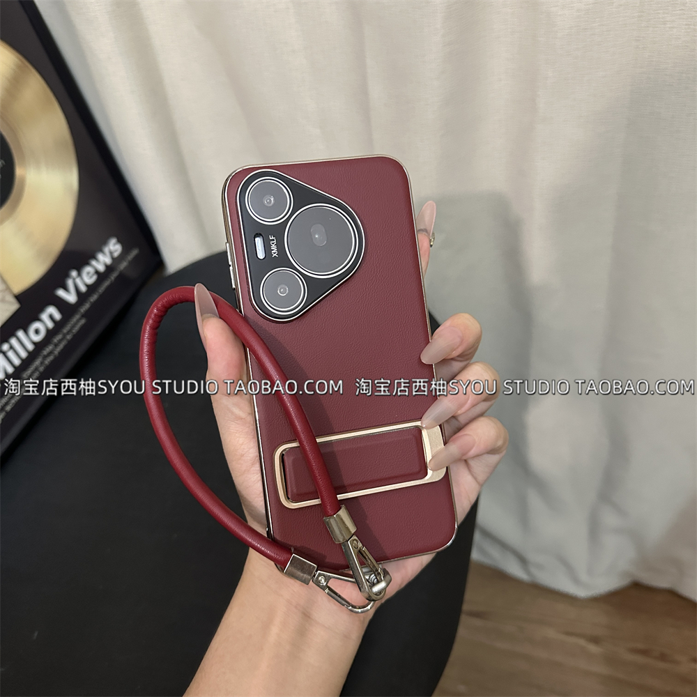 适用华为Pura 80Pro+手机壳Pura 80Ultra保护套P70Pro高级感电镀酒红腕带支架全包镜头手提绳新款原创气质女