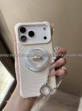 适用苹果17Promax手机壳iPhone16保护套15古董白波漾磁吸液态硅胶爱心磁吸支架小众轻奢手提链高级感气质女生