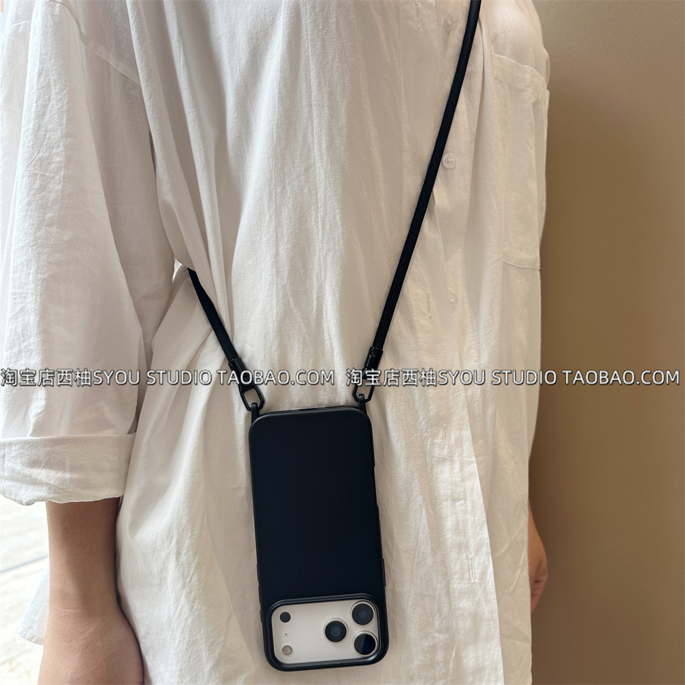 适用苹果17Promax手机壳iPhone16Pro保护套15Pro新款14黑色一体自带孔挂勾斜挎挂绳可调节斜背便携防摔女生