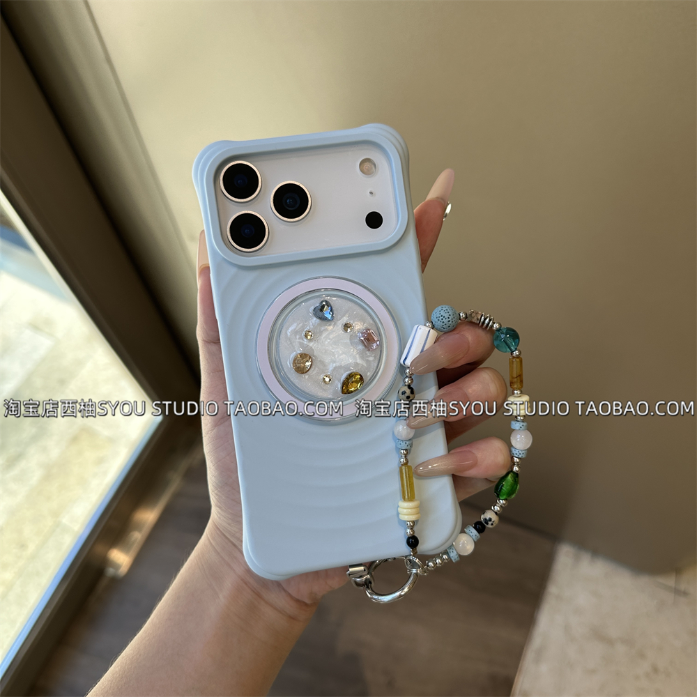 适用苹果17Promax手机壳iPhone16保护套15天蓝波漾磁吸液态硅胶宝石磁吸支架手提链条新款轻奢高级感气质女款