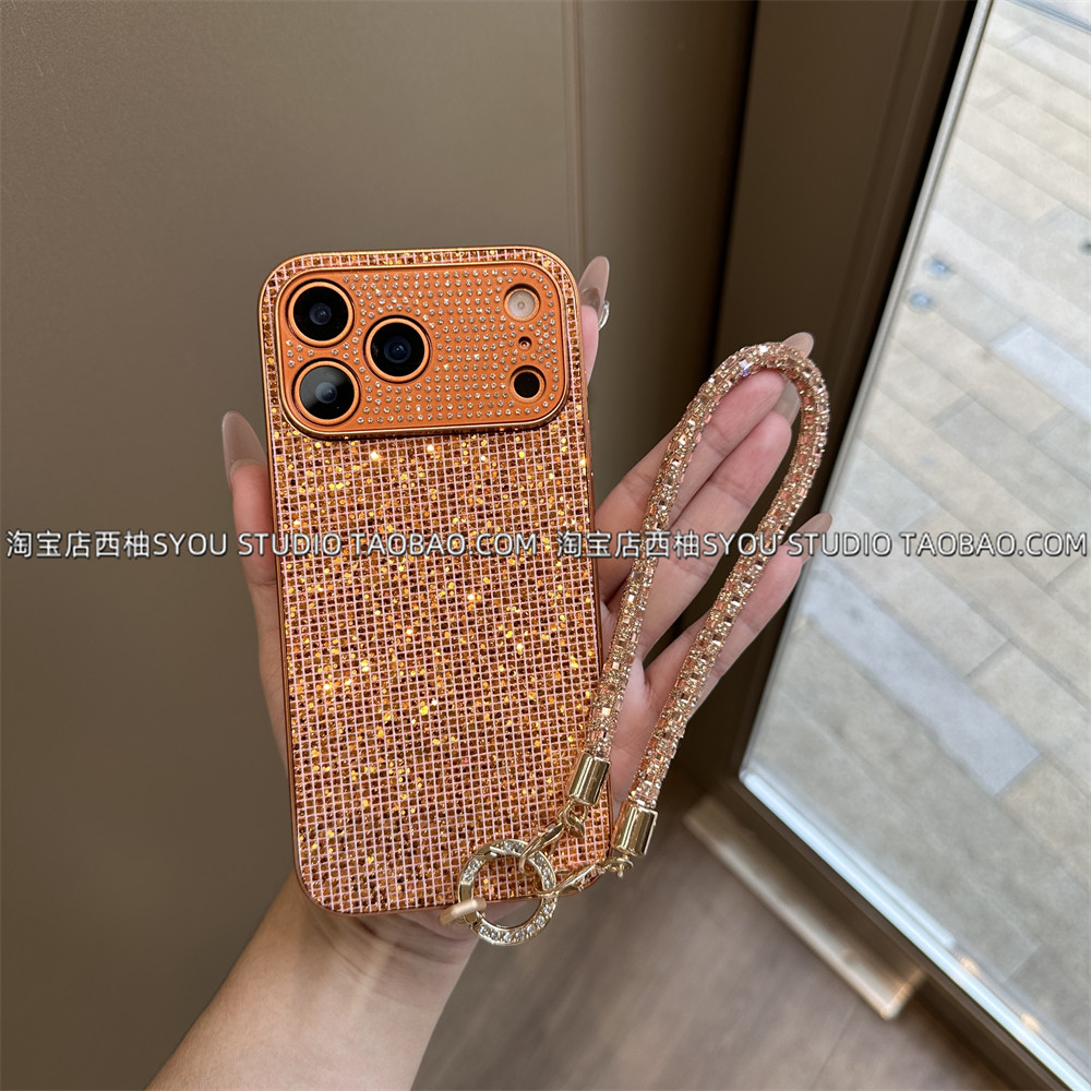 适用苹果17Promax手机壳iPhone16Pro保护套15新款高级感爱马橙闪钻手提链条防丢全包镜头满钻防摔硬壳气质女
