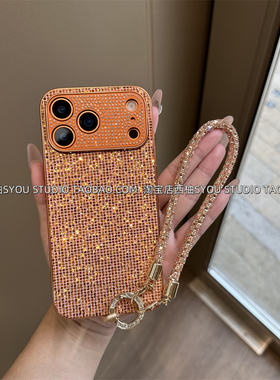 适用苹果17Promax手机壳iPhone16Pro保护套15新款高级感爱马橙闪钻手提链条防丢全包镜头满钻防摔硬壳气质女