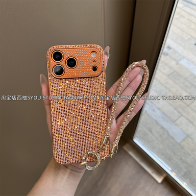 适用苹果17Promax手机壳iPhone16Pro保护套15新款高级感爱马橙闪钻手提链条防丢全包镜头满钻防摔硬壳气质女