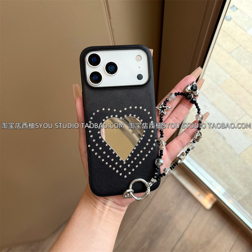 适用苹果17Promax手机壳iPhone16PRO保护套小众ins风镜面爱心皮质独特巨好看暗黑手提链条新款高级感气质女生