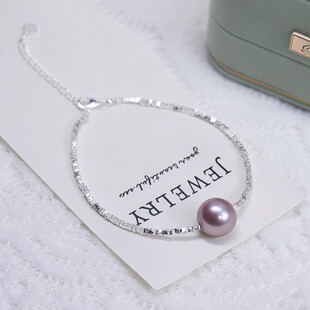 天然妖紫色爱迪生珍珠手链S925碎银手串几乎正圆可调节叠戴脚链