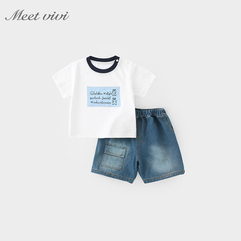 Meet vivi 2025夏季街头风潮酷男宝男童短袖短裤牛仔裤两件套装