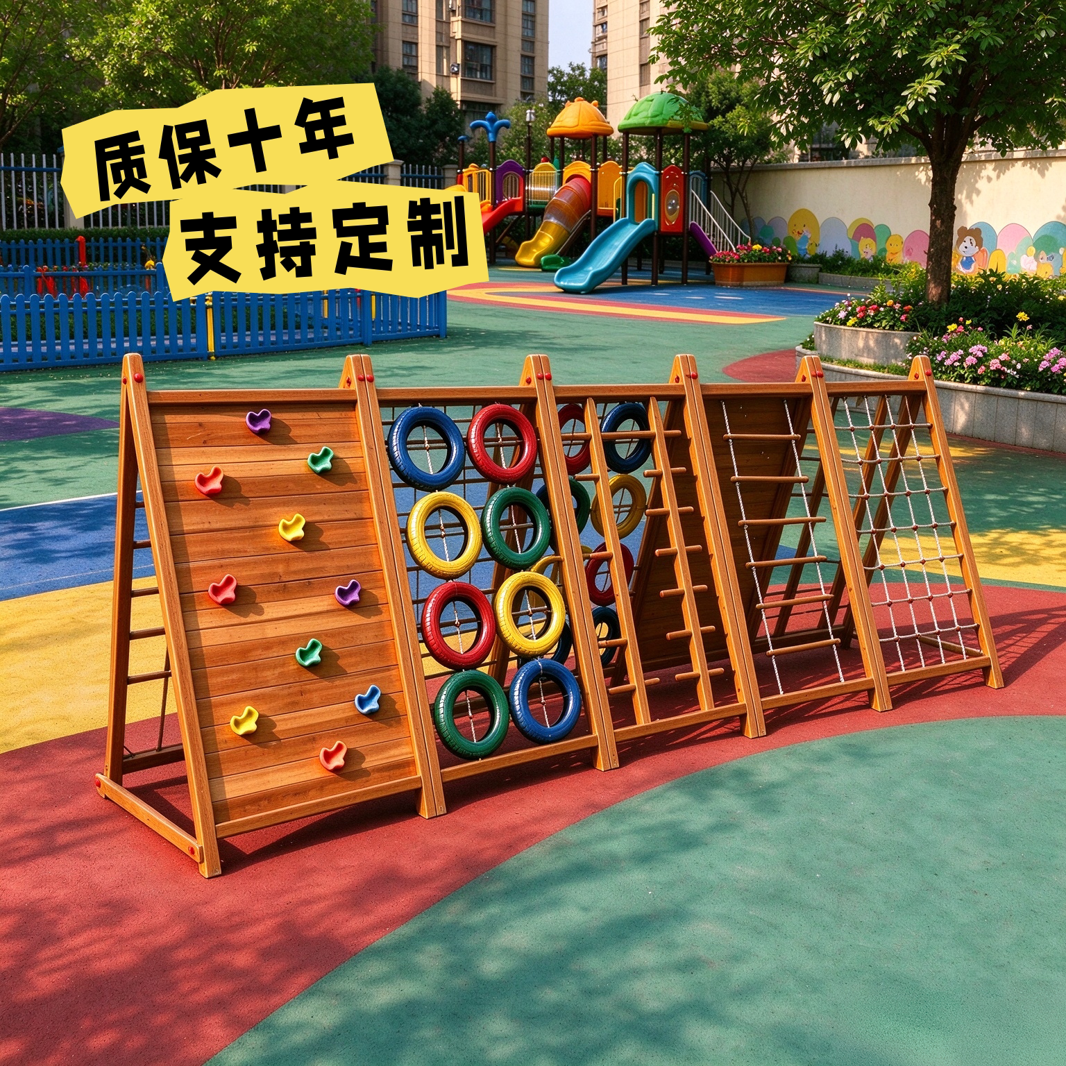 幼儿园户外木质攀爬架儿童蜘蛛网攀岩墙轮胎感统体能训练器材搭配
