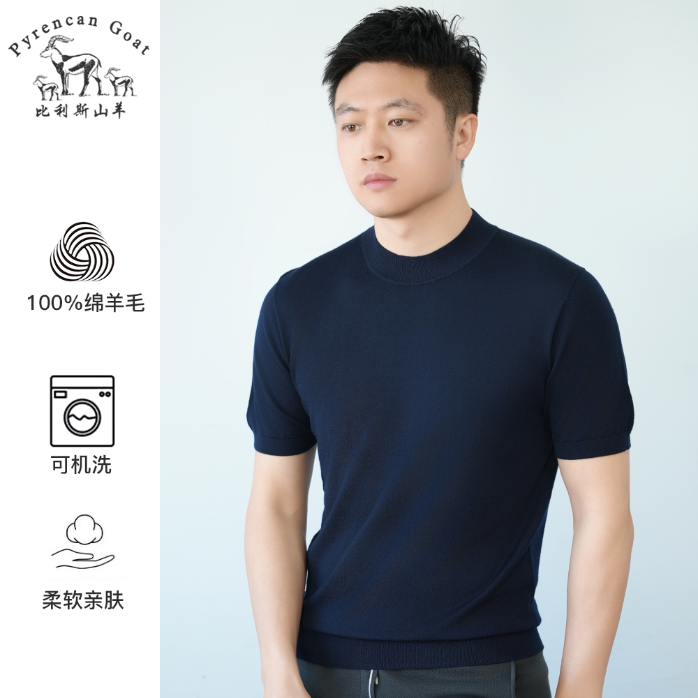 春季薄款短袖羊毛衫美丽诺纯羊毛男士可机洗纯色圆领针织打底衫