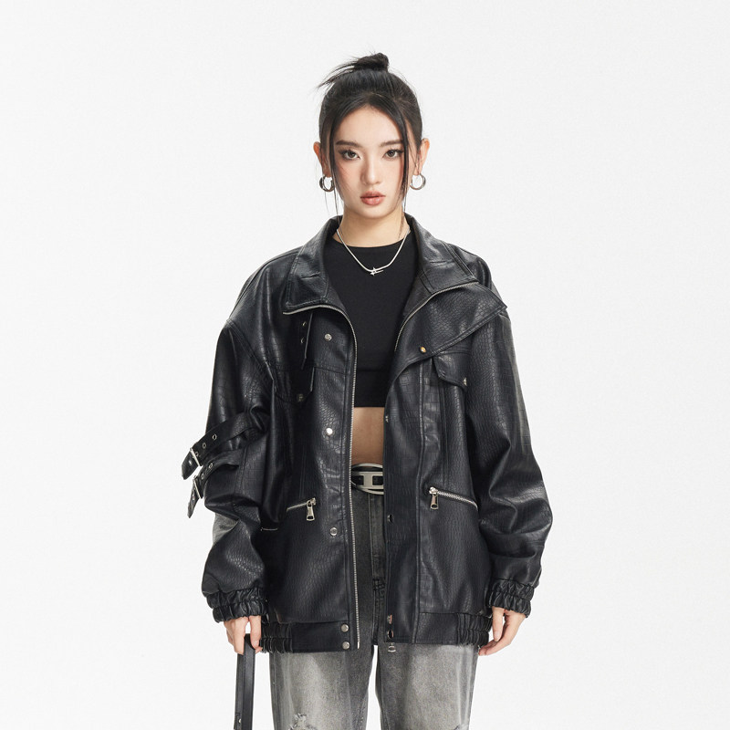 ANSWER ME 模特图 W251 鳄鱼纹黑色皮衣机车服 P160图片