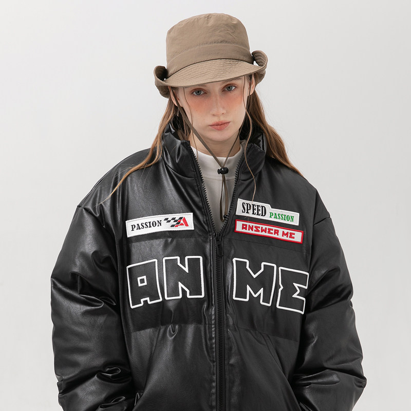 模特图MY109冬季胸口刺绣PU皮面包服立领棉衣P170控价219,男装棉衣,新杭派391(FUSEEHO 391)