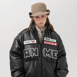 模特图MY109冬季胸口刺绣PU皮面包服立领棉衣P170控价219，男装棉衣，新杭派391(FUSEEHO 391)
