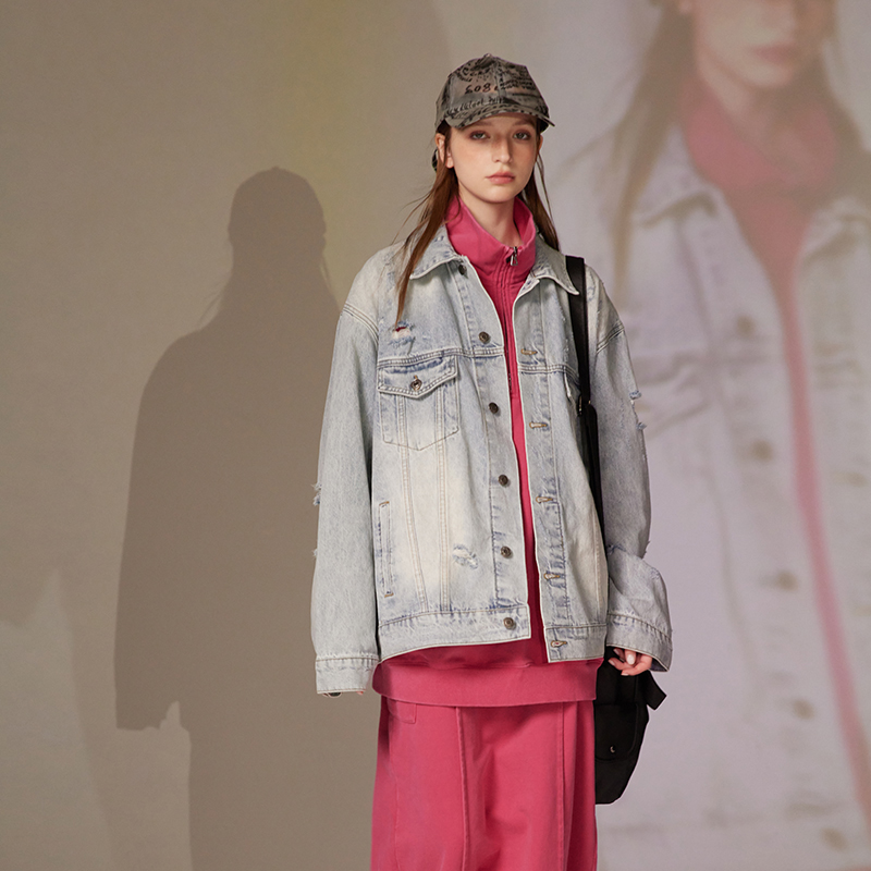 模特图W392春季水洗牛仔破洞夹克P160控225，男装夹克，新杭派391(FUSEEHO 391)