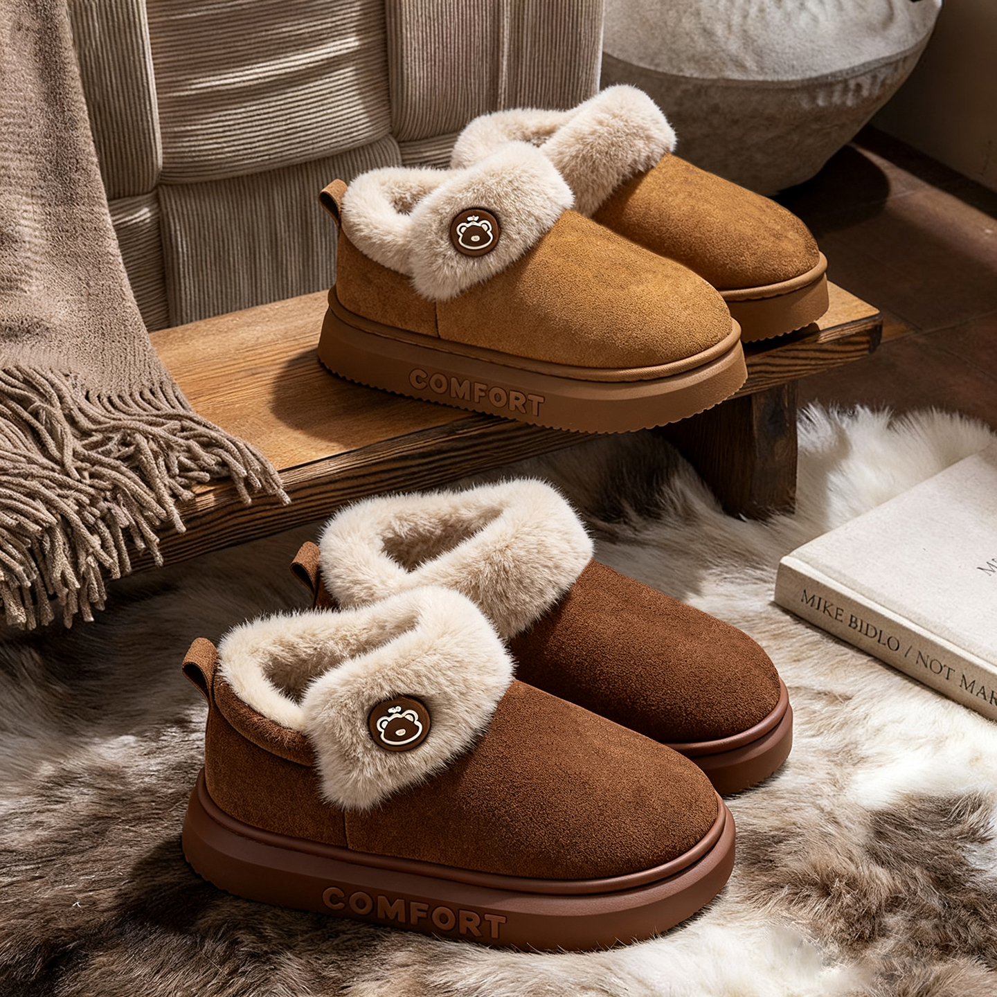 厚底雪地靴棉拖鞋女士加绒保暖