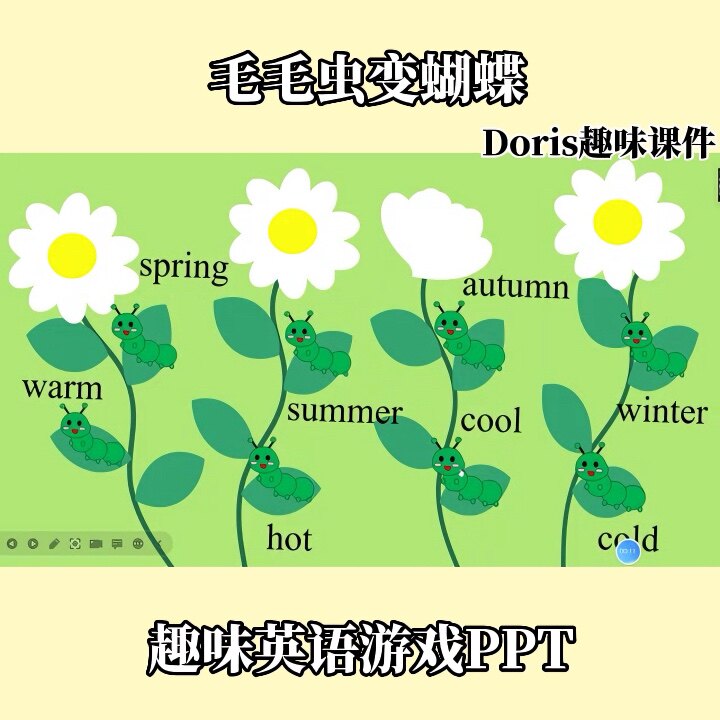 英语趣味创意游戏ppt毛毛虫变蝴蝶季节主题英语单词操练游戏ppt