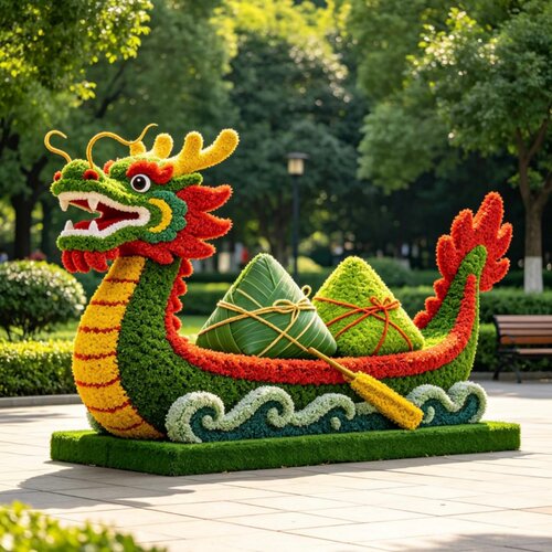 仿真绿雕工艺品定制户外景区园林端午节绿雕龙舟造型景观美陈装饰
